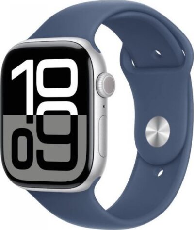 Apple Watch Series 10 GPS + Cellular, koperta 46 mm z aluminium w kolorze srebrnym z paskiem sportowym w kolorze denim - rozmiar S/M